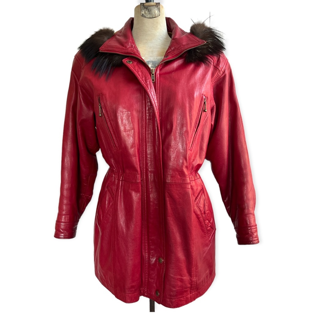 VTG Leather Fur Lined Coat BUTTERY SOFT Deep Red Removable Hood